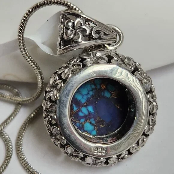 2011 925 Artisian Natural Purple Copper Turquoise Round Pendant 18" Silver Chain - Picture 7 of 10